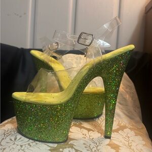 Pleaser Green Glitter Platform Heels with Clear Straps